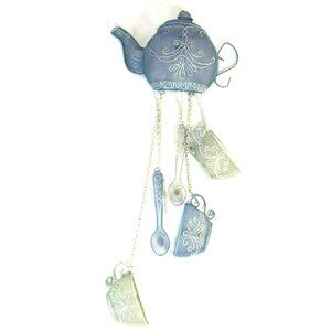 Vintage Wire Mesh Teapot With Hanging Spoons Cups Wall Decor Blue Green